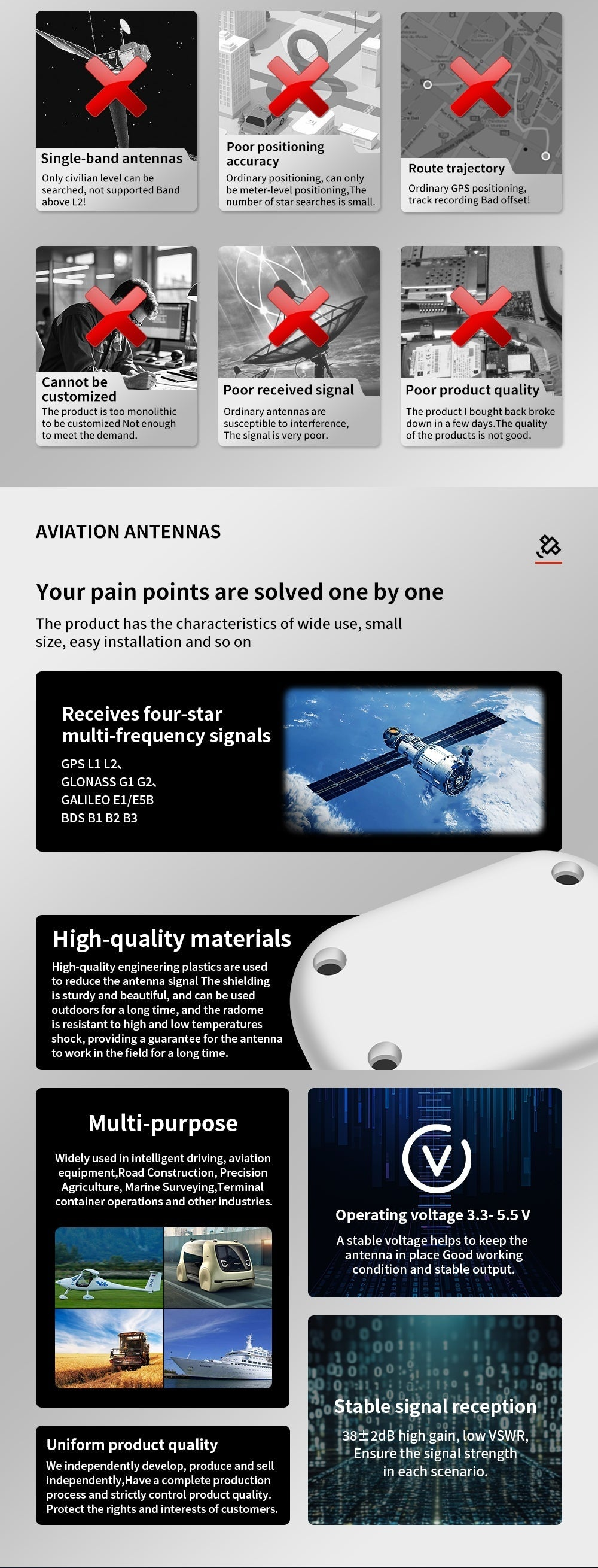GNSS signal reception issues infographic plus BT-7112 benefits: multi-band signals, quality materials, stable reception