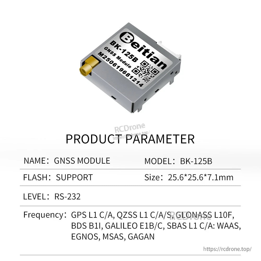 Beitian BK-125B GNSS module product parameter sheet showing RS-232 level and supported bands