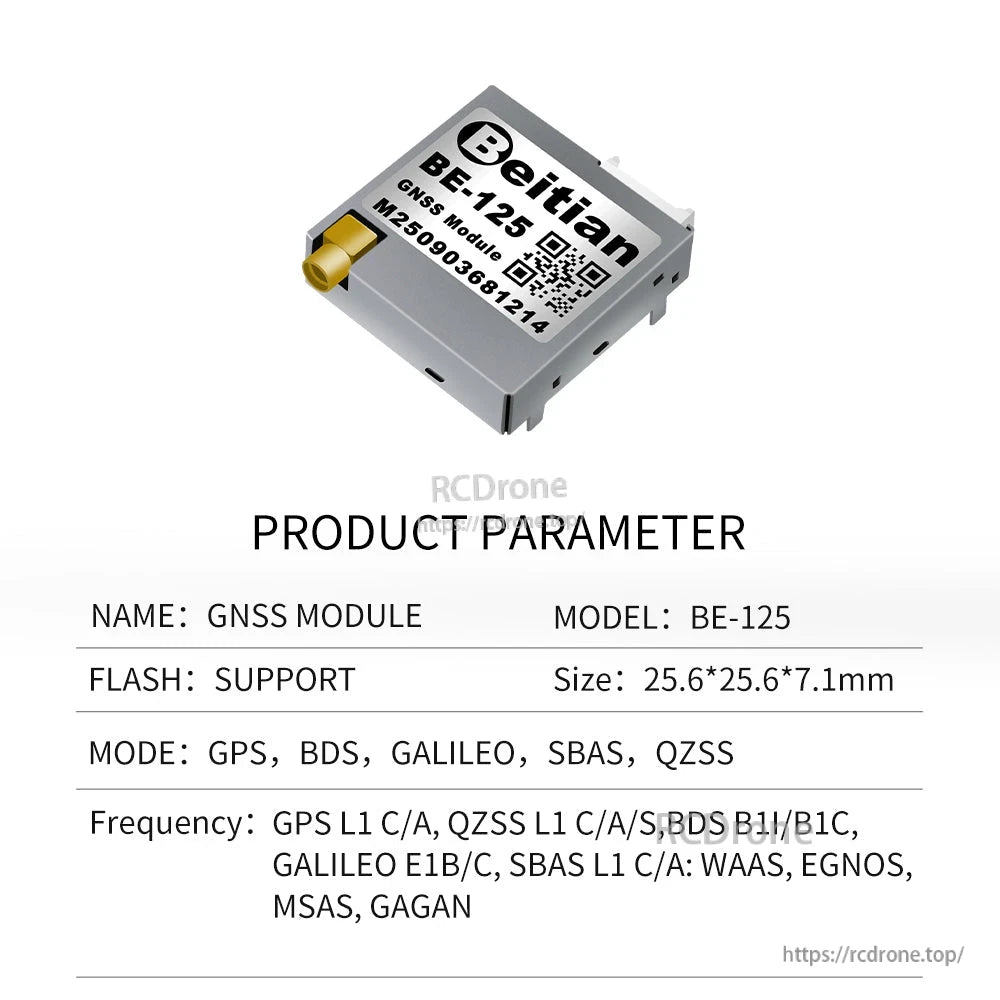 Beitian BE-125 GNSS module parameters listing GPS, BDS, Galileo, SBAS, and QZSS bands