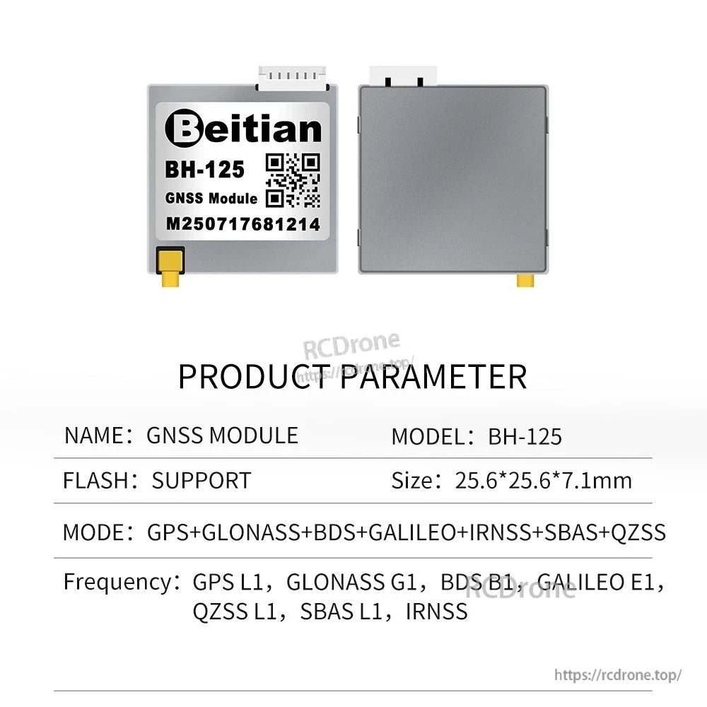 Beitian BH-125 GNSS module parameter sheet showing front and back views and supported modes