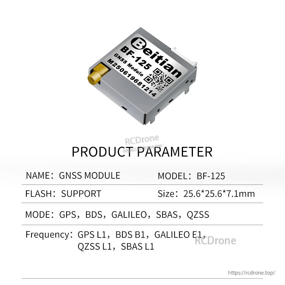 Beitian BE-125 GNSS module product parameters showing size, modes, and supported frequencies