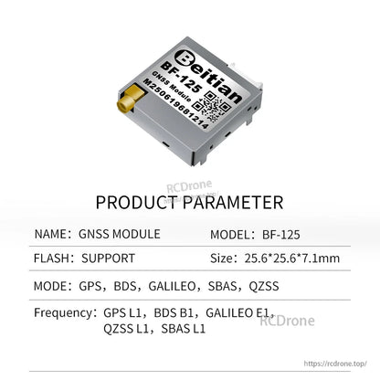 Beitian BE-125 GNSS module product parameters showing size, modes, and supported frequencies
