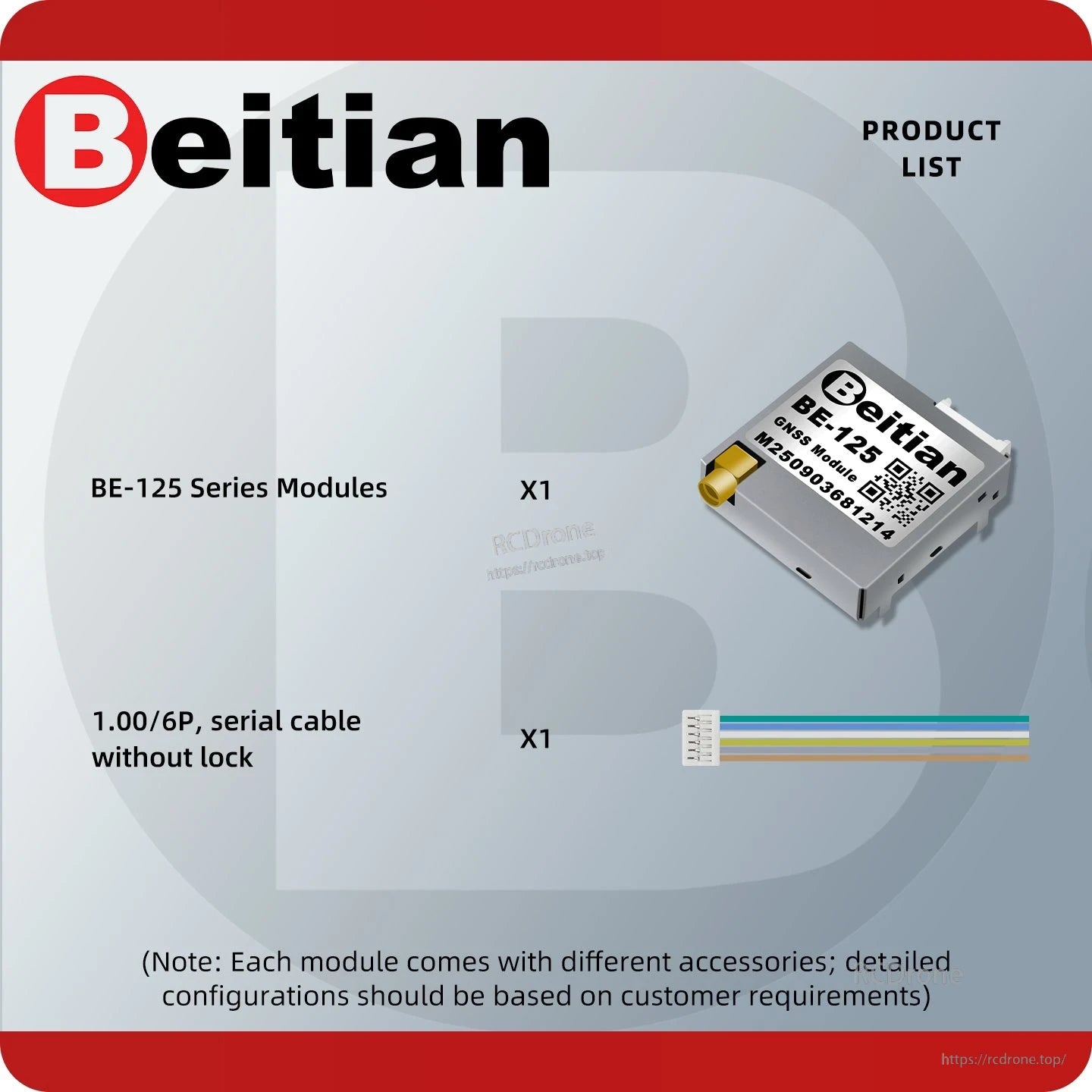 Beitian BE-125 series package list showing one module and one serial cable