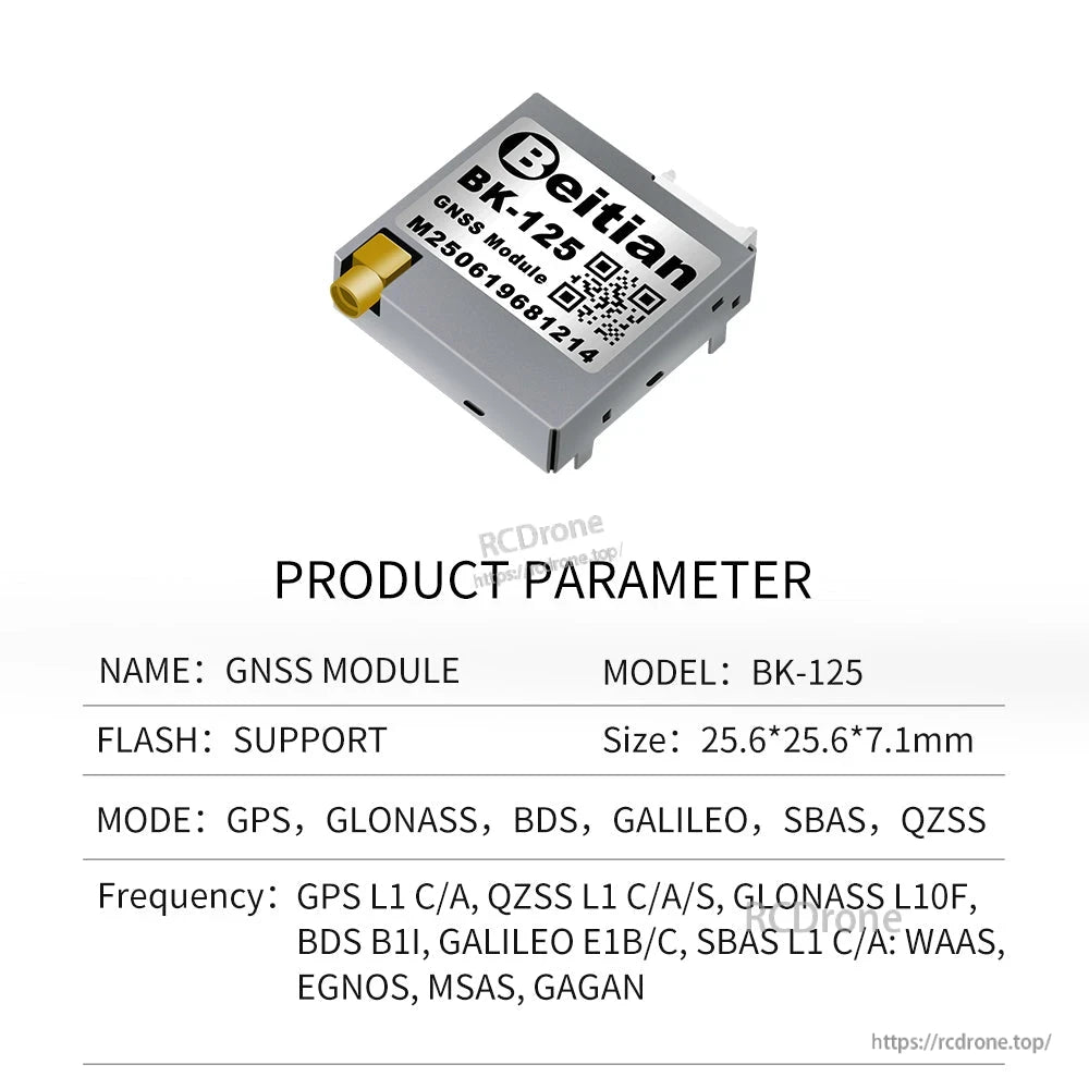 Beitian BK-125 GNSS module parameter sheet showing GLONASS support and frequency bands