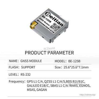 Beitian BE-125B GNSS module product parameter sheet showing RS-232 level and supported bands