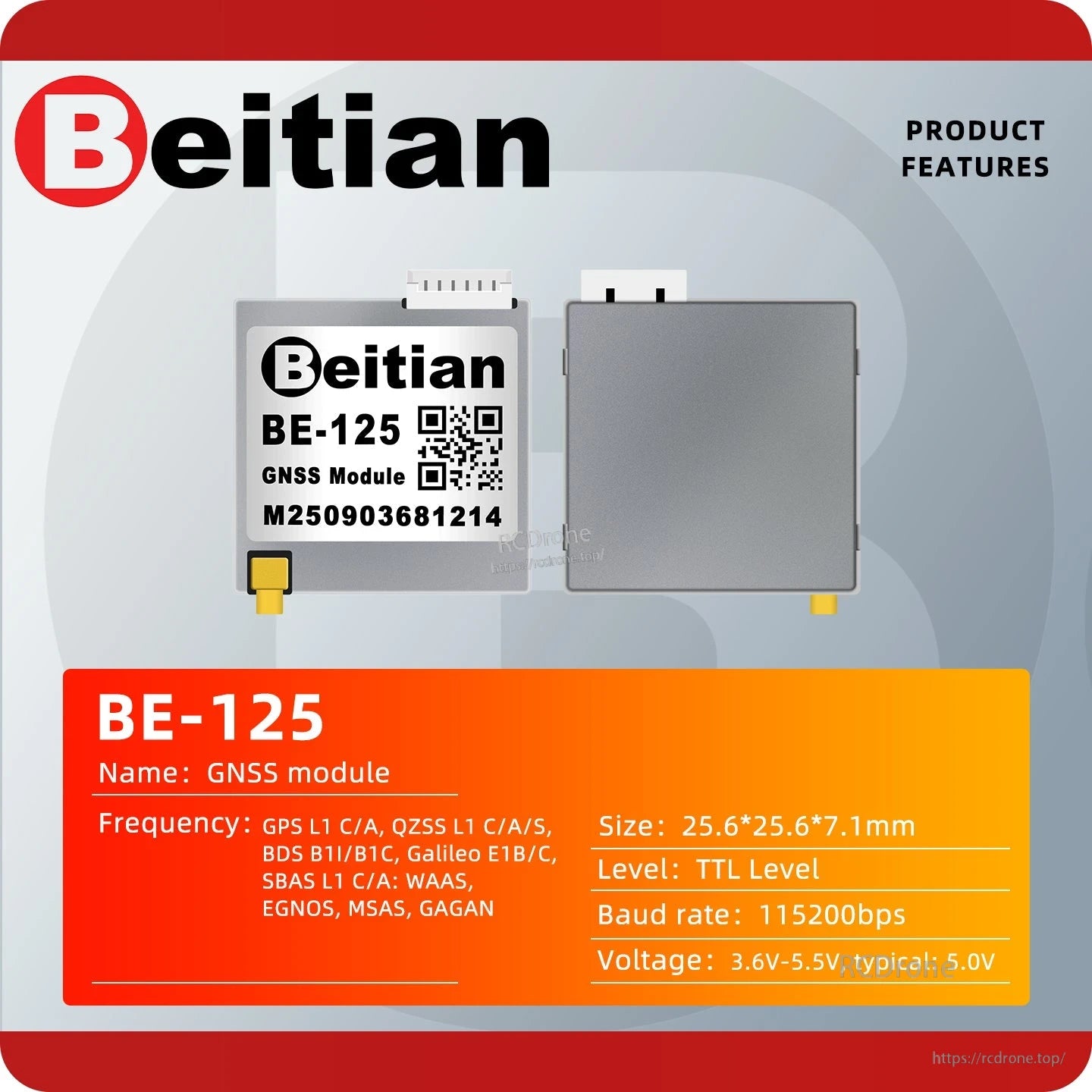 Beitian BE-125 module front and back views with parameter details for GNSS bands