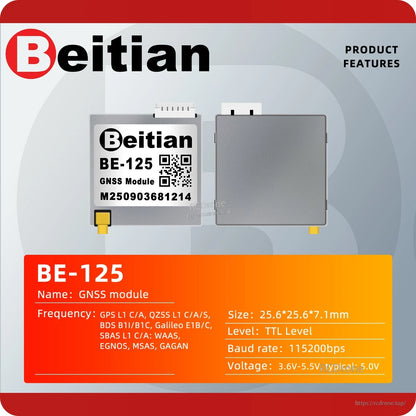 Beitian BE-125 module front and back views with parameter details for GNSS bands