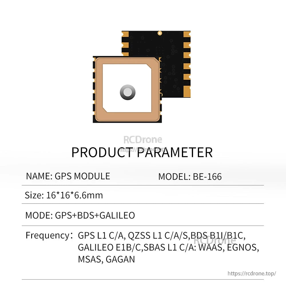 Beitian BE-166 GPS module parameter sheet showing 16 by 16 by 6.6 mm size and GNSS bands