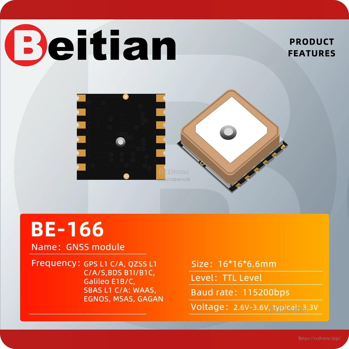 Beitian BE-166 GNSS module product features graphic with size, voltage, baud rate, and supported systems