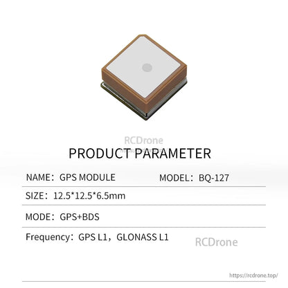 GPS module parameter graphic for model BQ-127 with compact square patch antenna module and listed dimensions