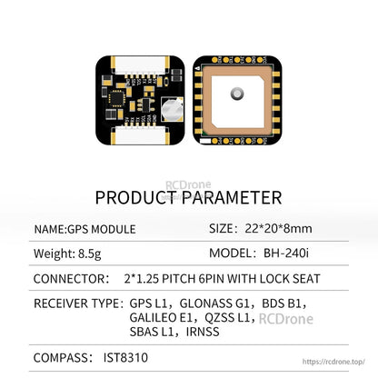 Product parameter sheet showing model BH-240i, size 22×20×8 mm, and GNSS systems supported