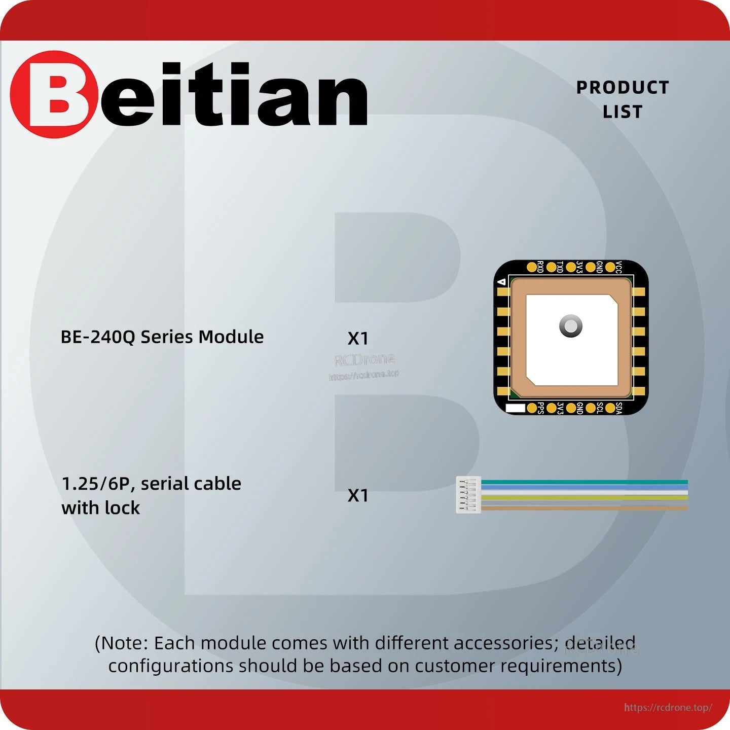Package contents list showing BE-240Q series module and 6-pin serial cable with lock connector
