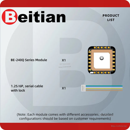 Package contents list showing BE-240Q series module and 6-pin serial cable with lock connector