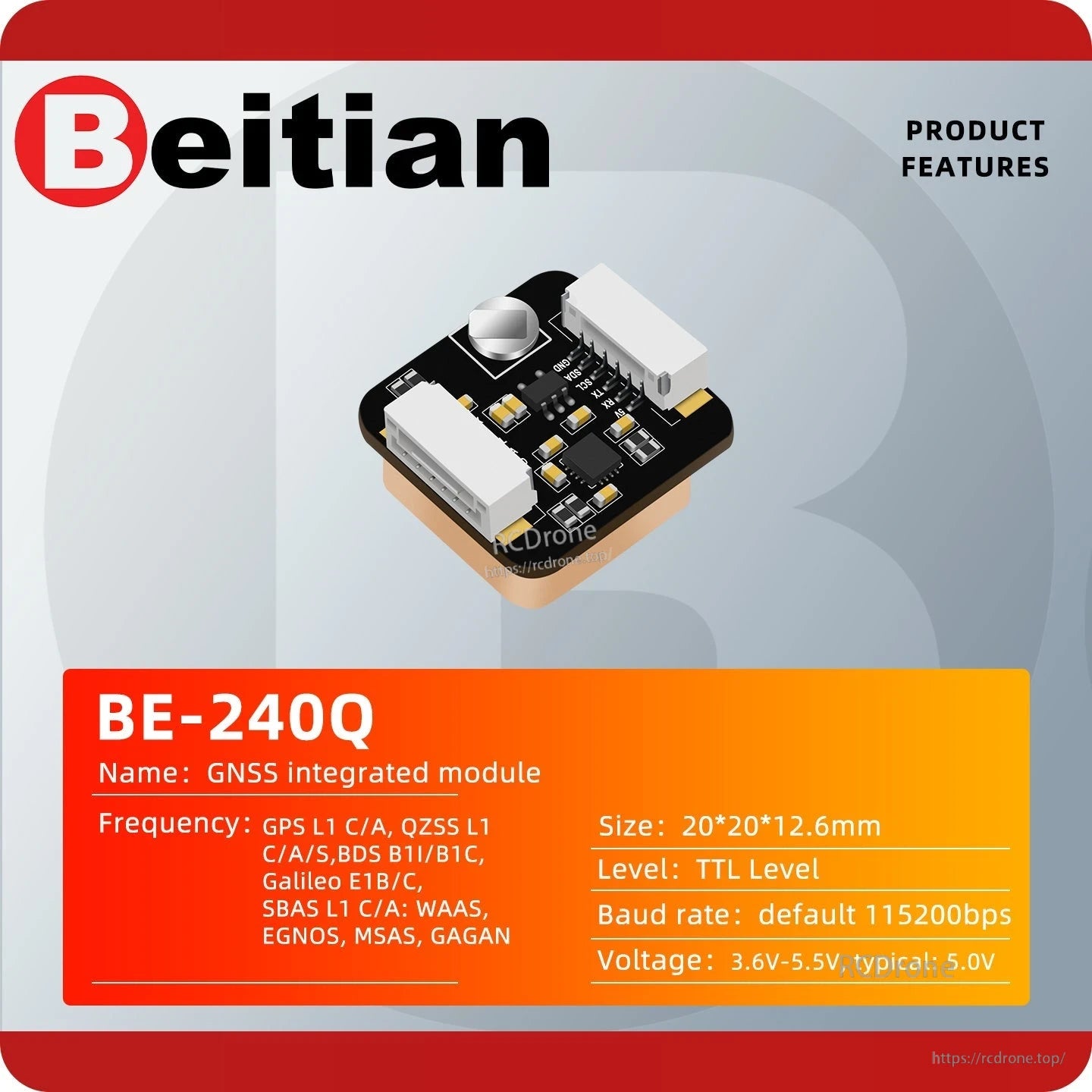 Beitian BE-240Q GNSS integrated module product features card with supported satellite systems list