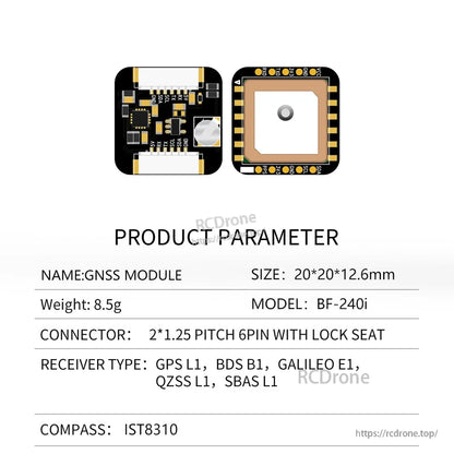 Product parameter sheet showing model BF-240i, 6-pin lock connector, and supported GNSS bands list