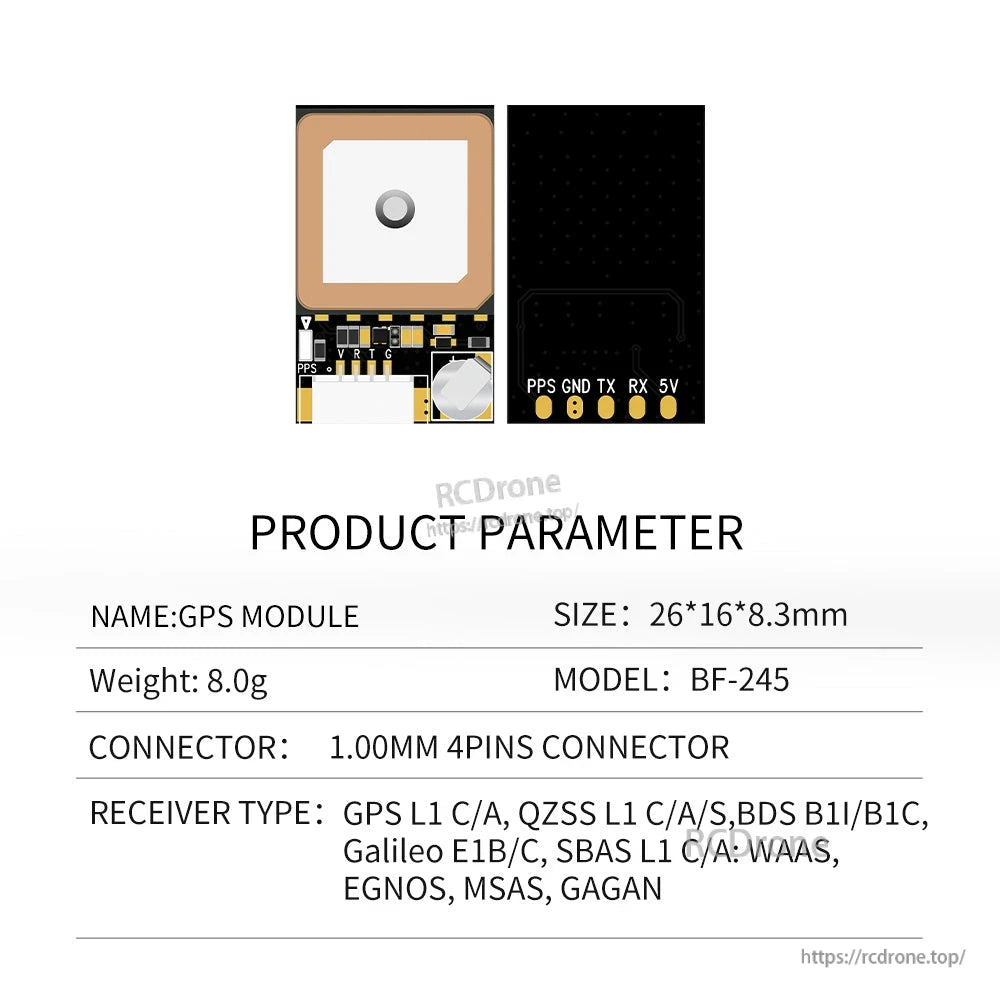 BF-245 parameter sheet showing module dimensions, 4-pin connector, and supported GNSS bands