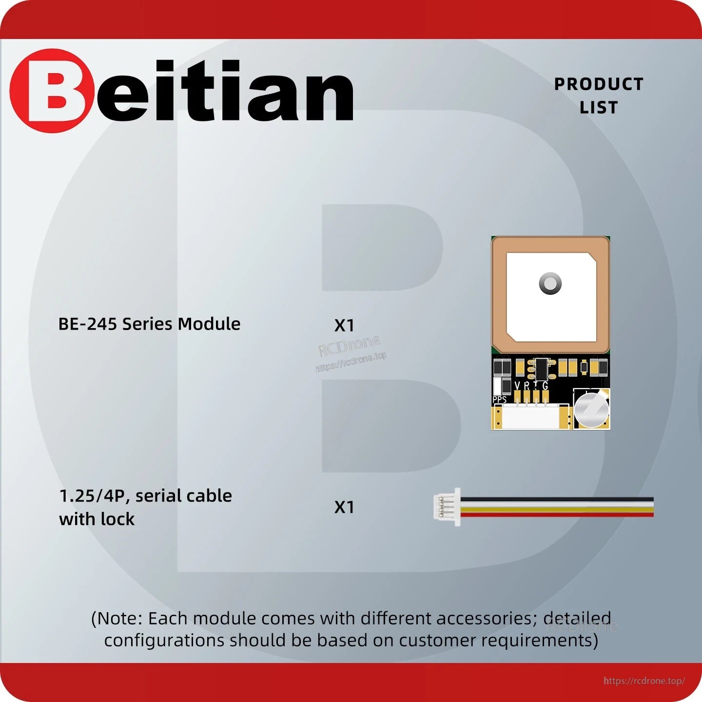 Package contents for the BE-245 series module, including the GPS module and 4-pin serial cable