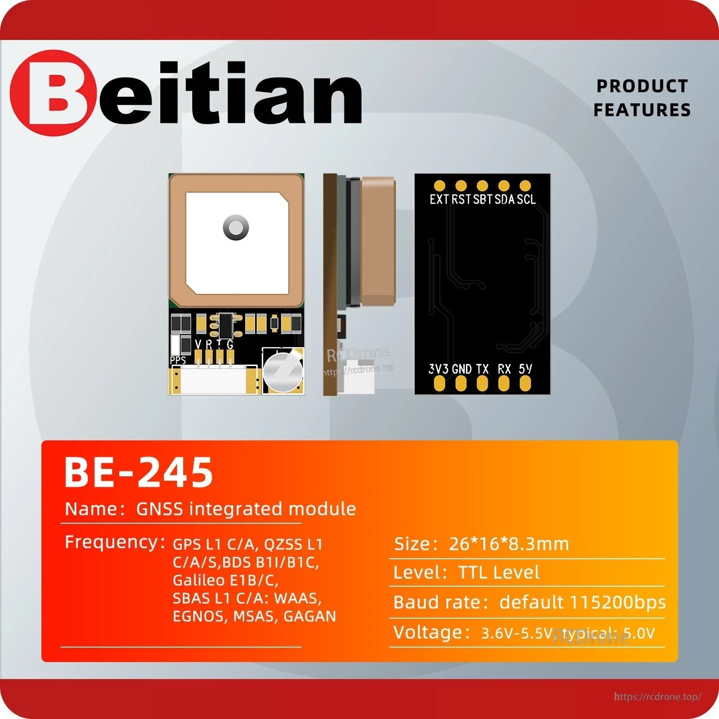 BE-245 product features graphic showing module views, pin labels, size, voltage, and baud rate