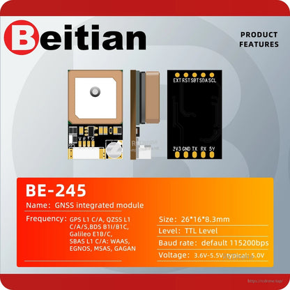 BE-245 product features graphic showing module views, pin labels, size, voltage, and baud rate