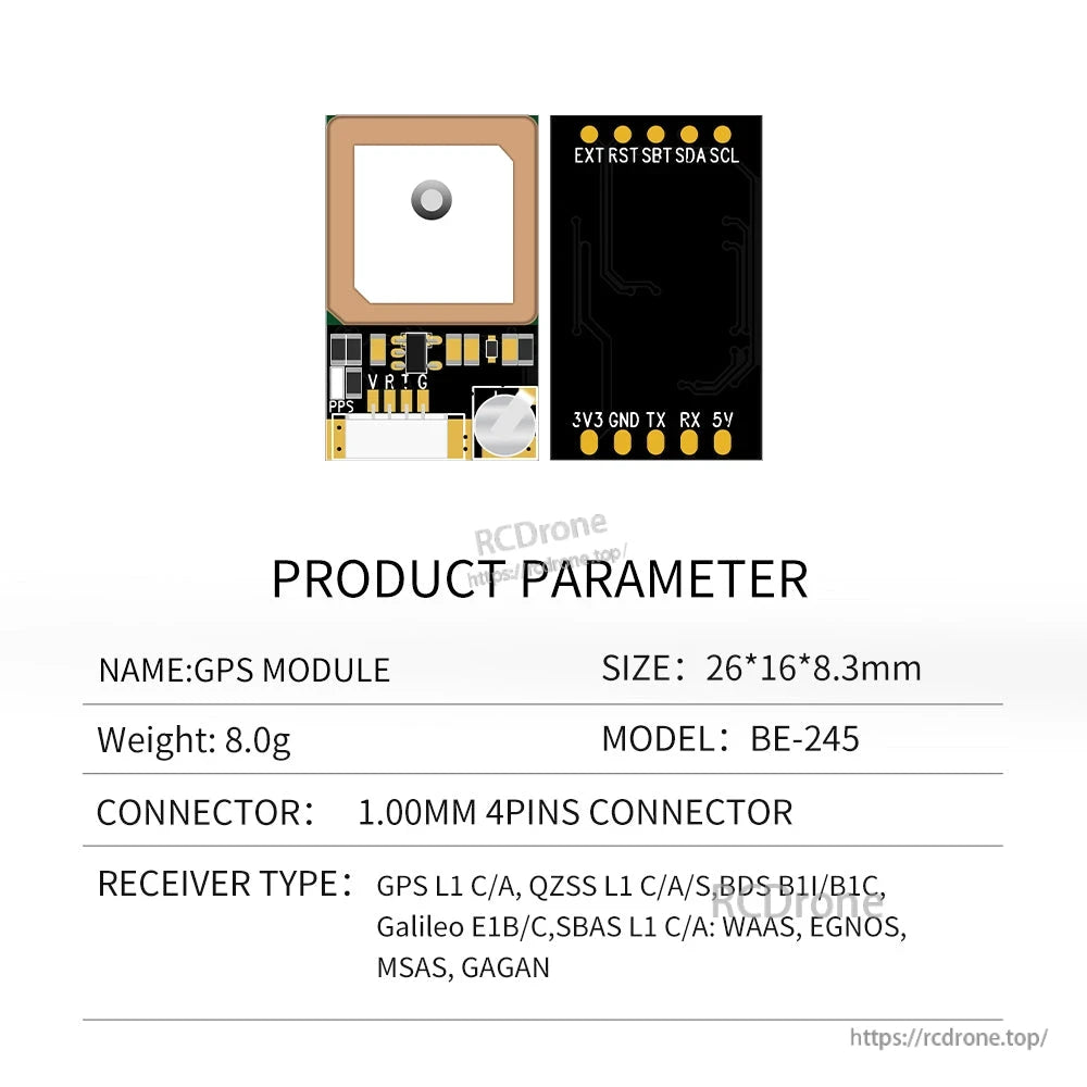 BE-245 product parameter sheet with module size, connector type, weight, and receiver bands