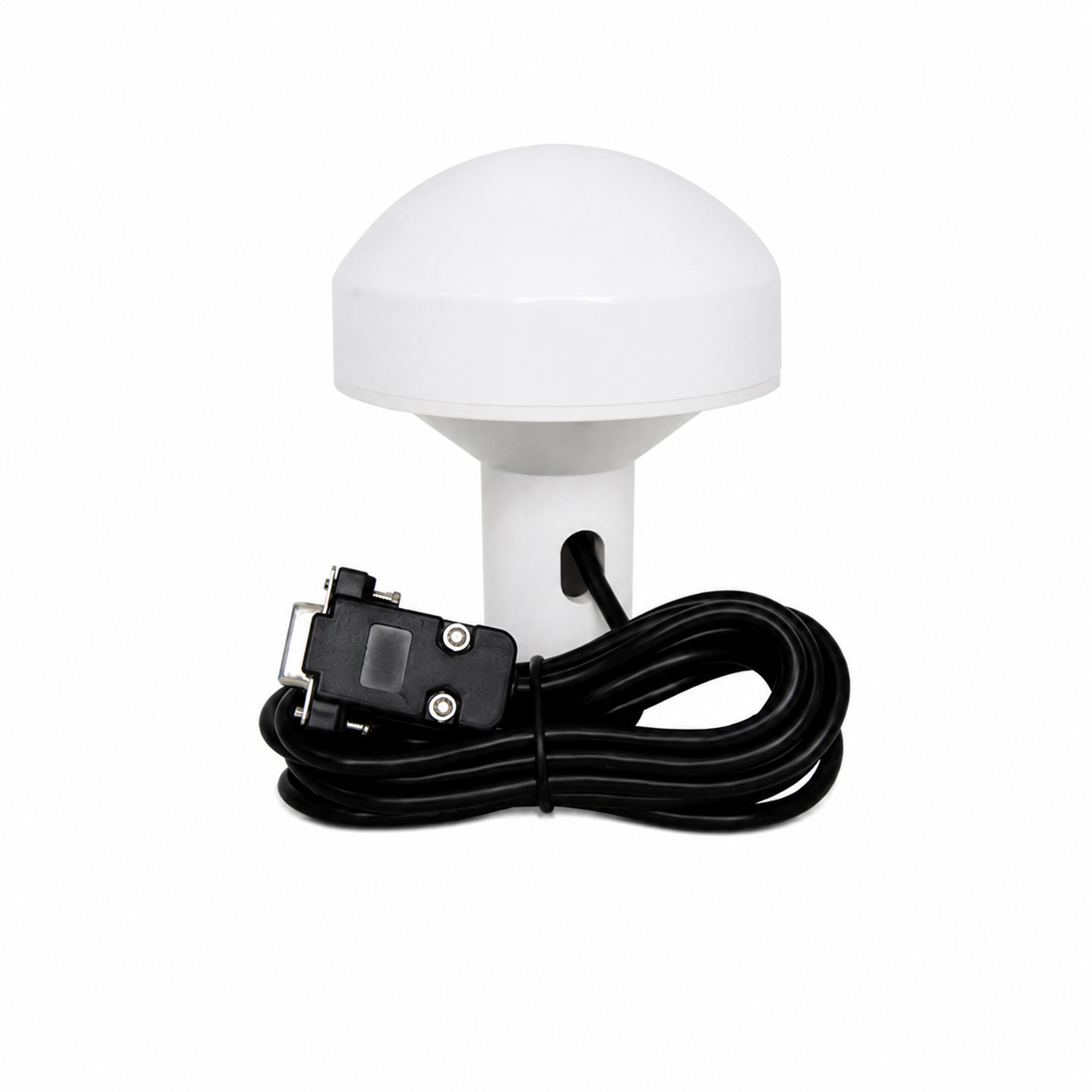 White mushroom GNSS antenna with coiled cable and DB9 serial connector, compact marine receiver