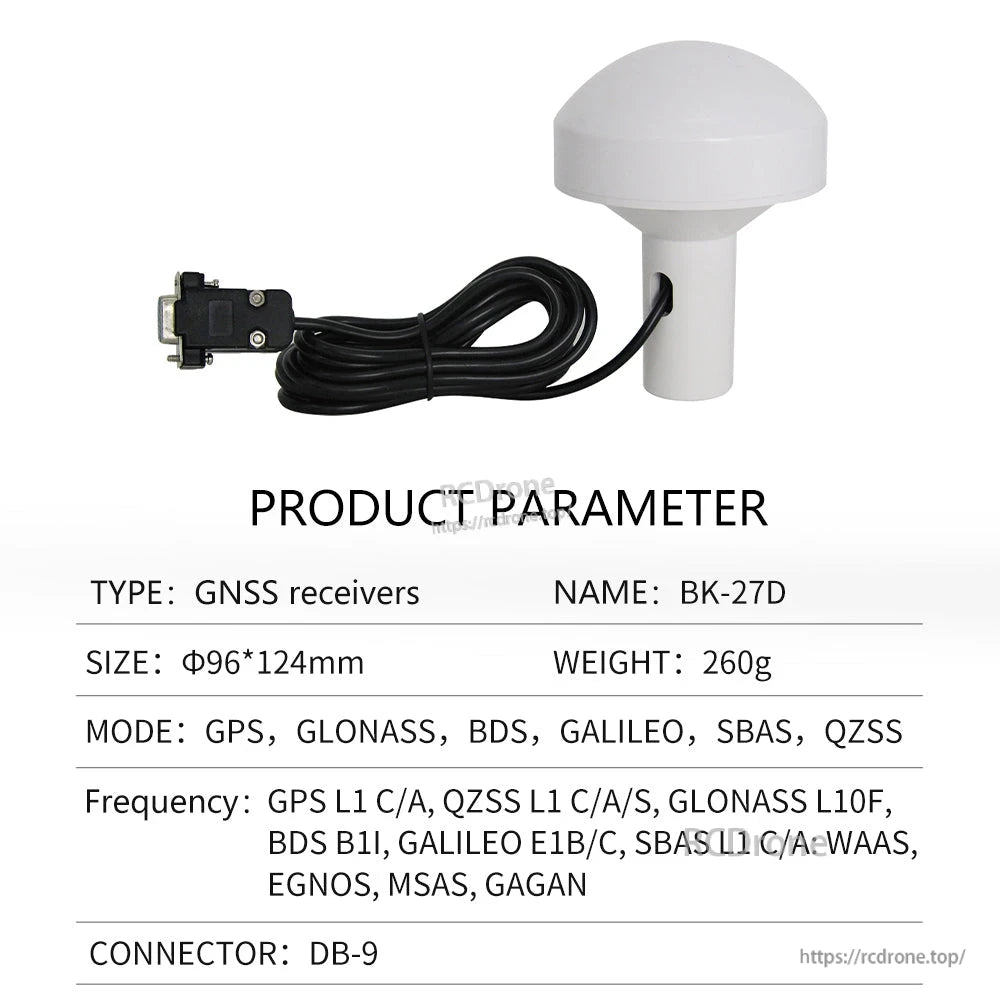 BK-27D product parameter sheet listing GPS/GLONASS/BDS/Galileo modes and DB-9 connector