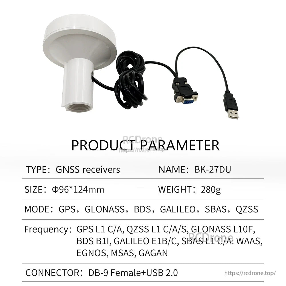 Product parameter sheet for BK-27DU receiver with DB-9 female to USB 2.0 cable