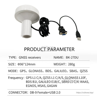 Product parameter sheet for BK-27DU receiver with DB-9 female to USB 2.0 cable