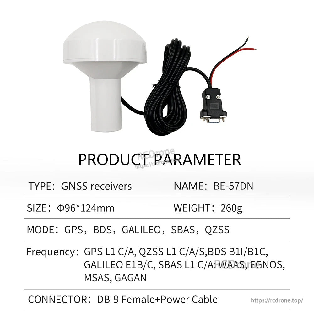 Product parameter table for BE-57DN receiver with DB-9 female and power wire leads