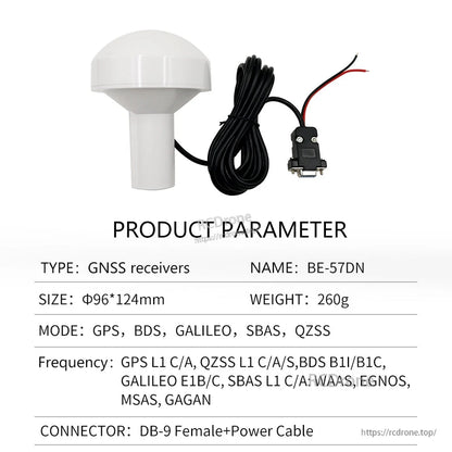 Product parameter table for BE-57DN receiver with DB-9 female and power wire leads