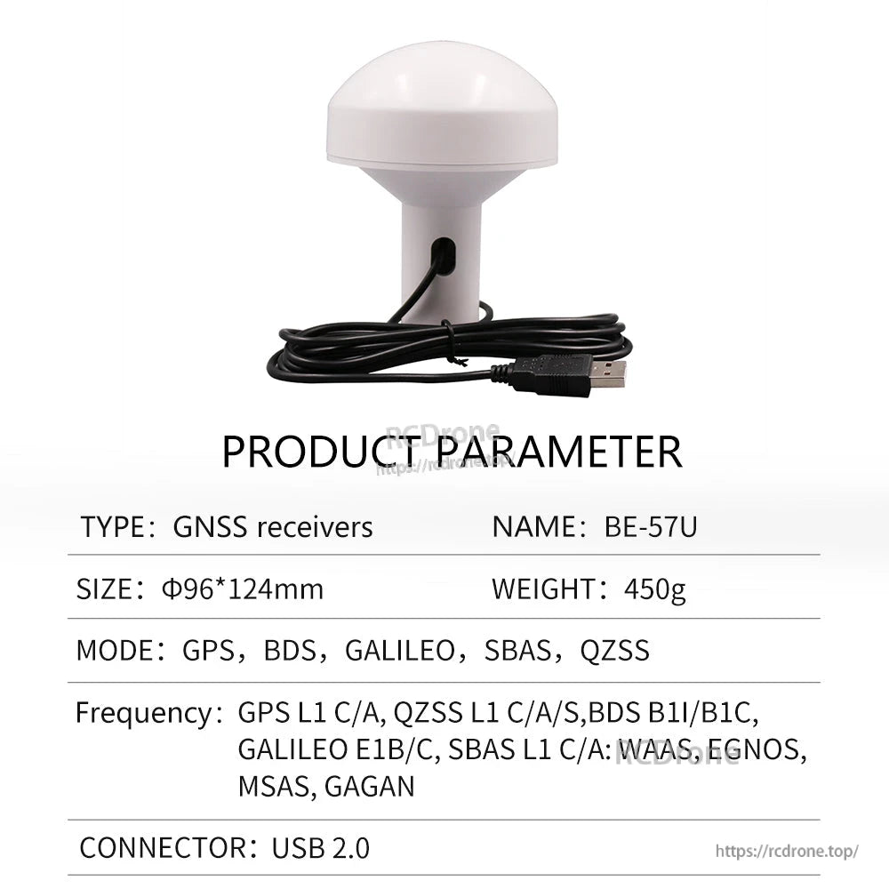 Product parameter table for BE-57U receiver with USB 2.0 connector and cable