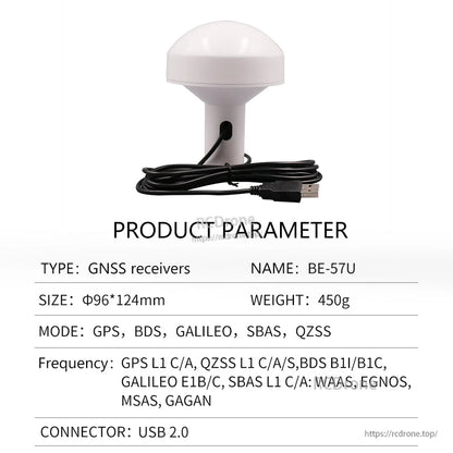 Product parameter table for BE-57U receiver with USB 2.0 connector and cable