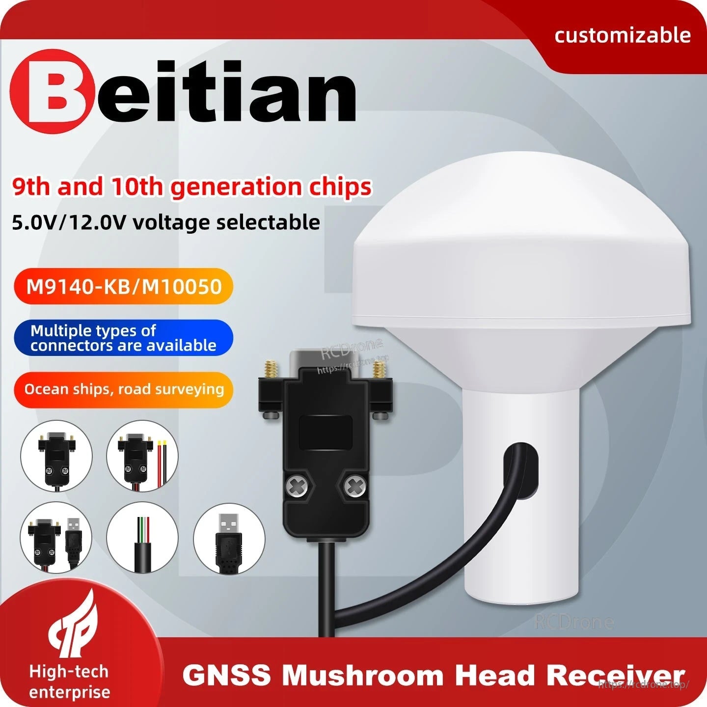 Beitian GNSS Mushroom Head Receiver BE-27D promo graphic showing antenna and connector options
