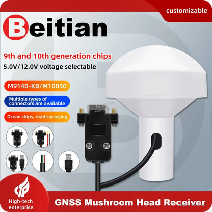 Beitian GNSS Mushroom Head Receiver BE-27D promo graphic showing antenna and connector options