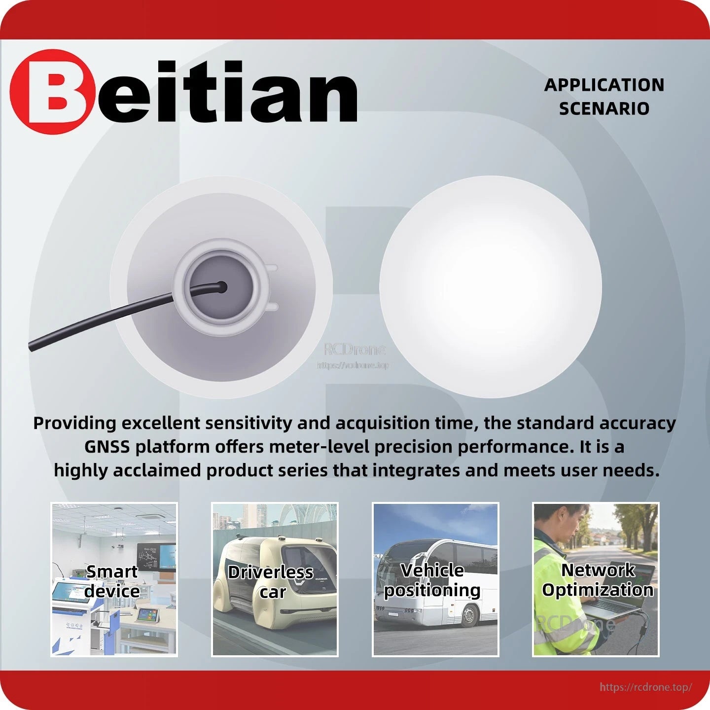 Application scenario graphic for Beitian GNSS mushroom receiver, showing smart device and vehicle use