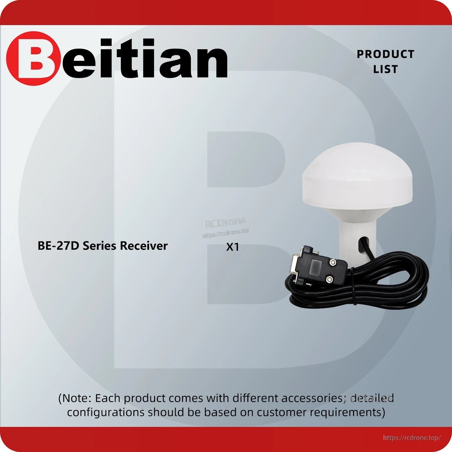 Package contents graphic: BE-27D series GNSS receiver x1 with cable and DB9 connector
