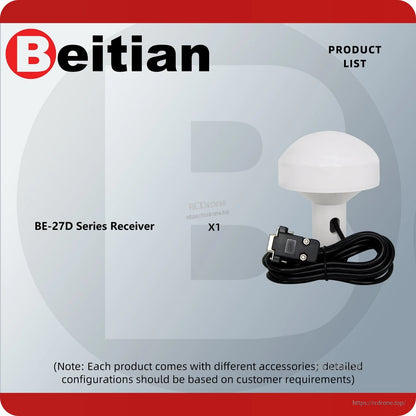 Package contents graphic: BE-27D series GNSS receiver x1 with cable and DB9 connector