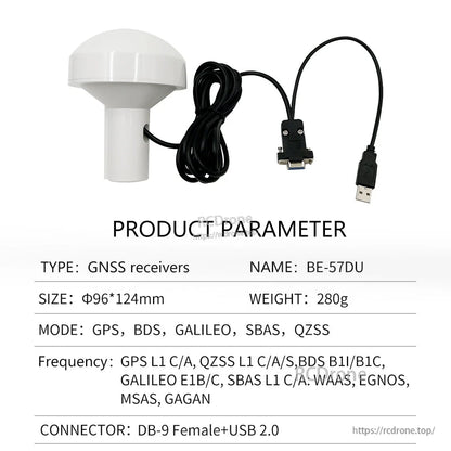 Product parameter sheet for BE-57DU receiver with DB-9 female to USB 2.0 cable