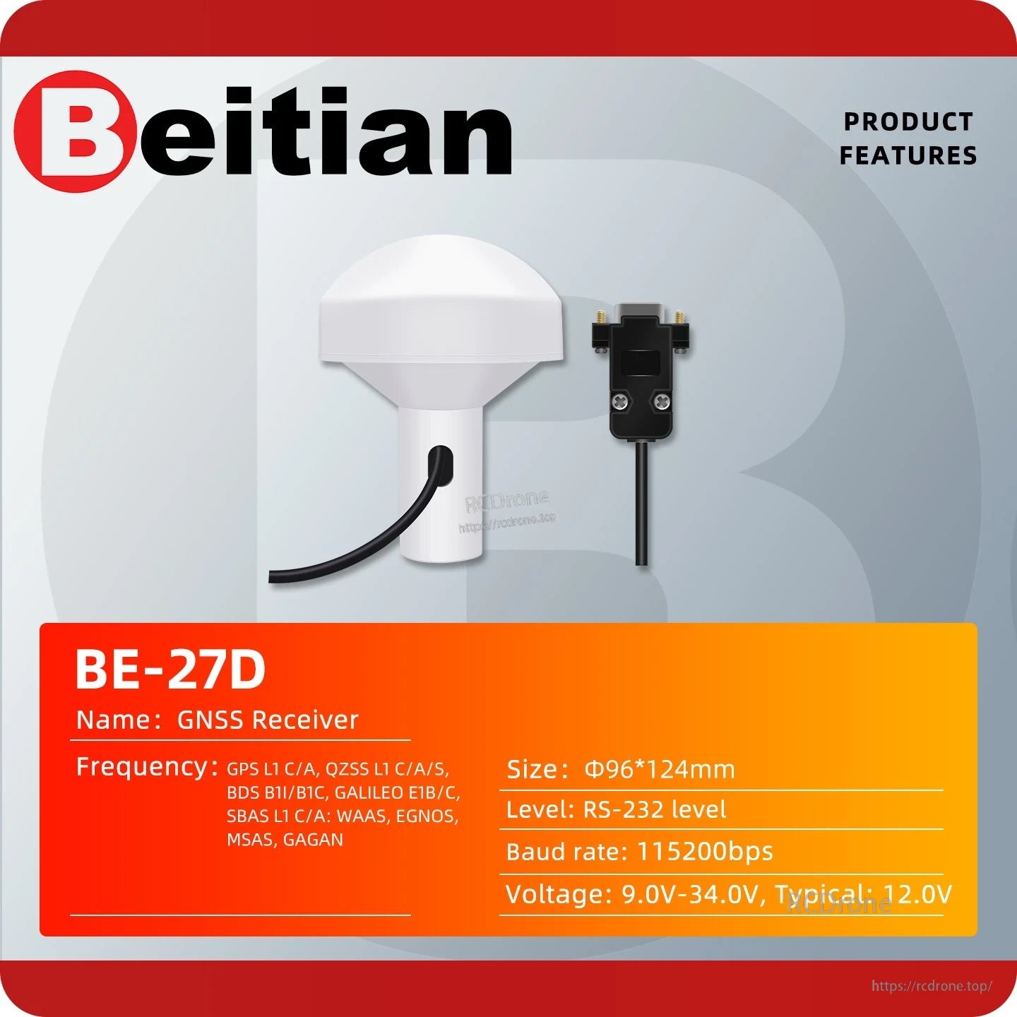 BE-27D GNSS receiver product features graphic with frequency bands, RS-232 level and 9–34V input