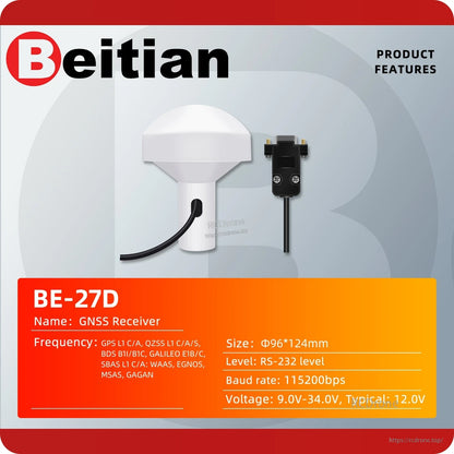 BE-27D GNSS receiver product features graphic with frequency bands, RS-232 level and 9–34V input