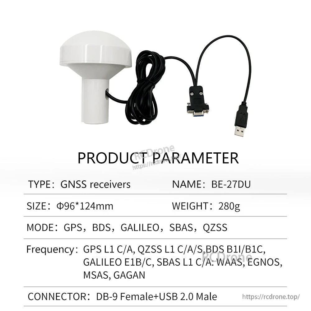 Product parameter sheet for BE-27DU receiver with DB-9 female to USB 2.0 male cable