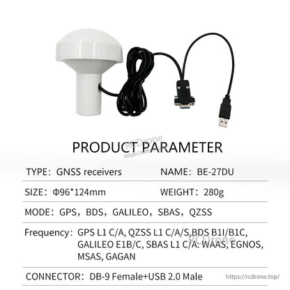 Product parameter sheet for BE-27DU receiver with DB-9 female to USB 2.0 male cable