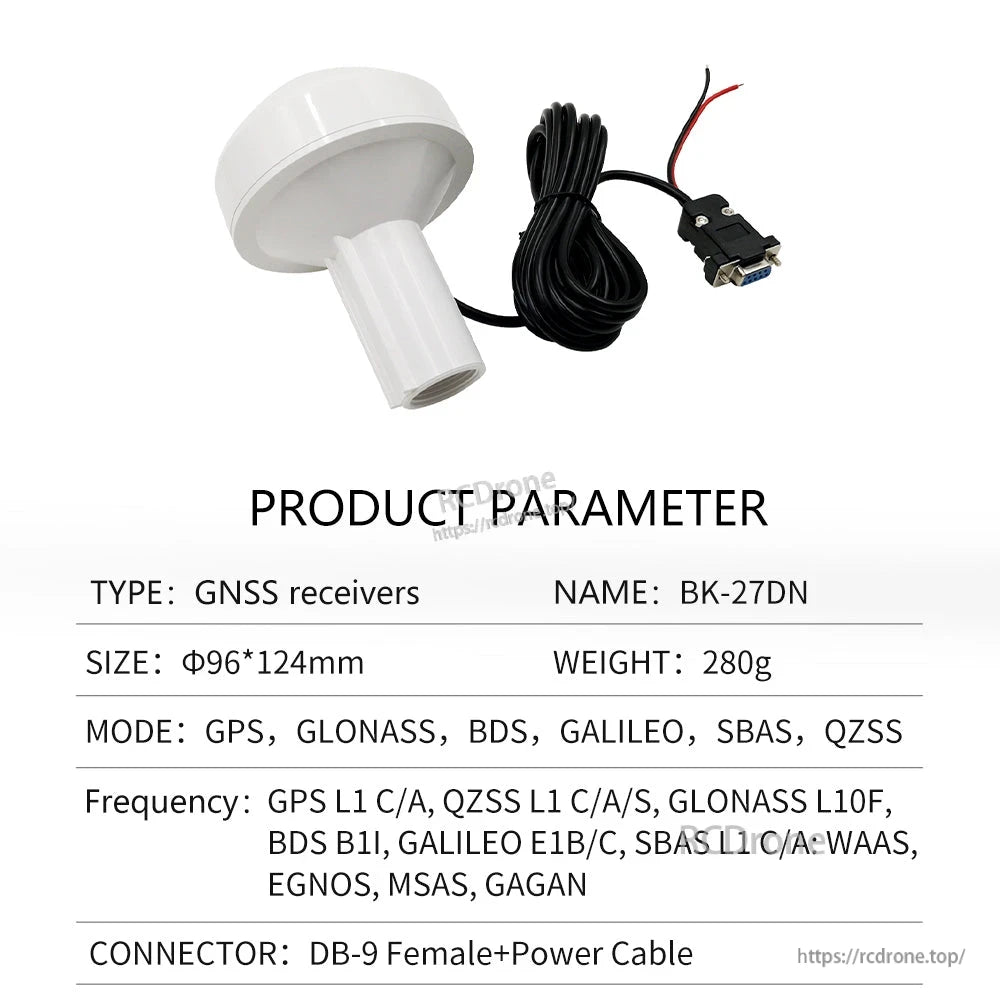 Product parameter sheet for BK-27DN receiver with DB-9 female connector and power wire leads