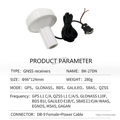 Product parameter sheet for BK-27DN receiver with DB-9 female connector and power wire leads