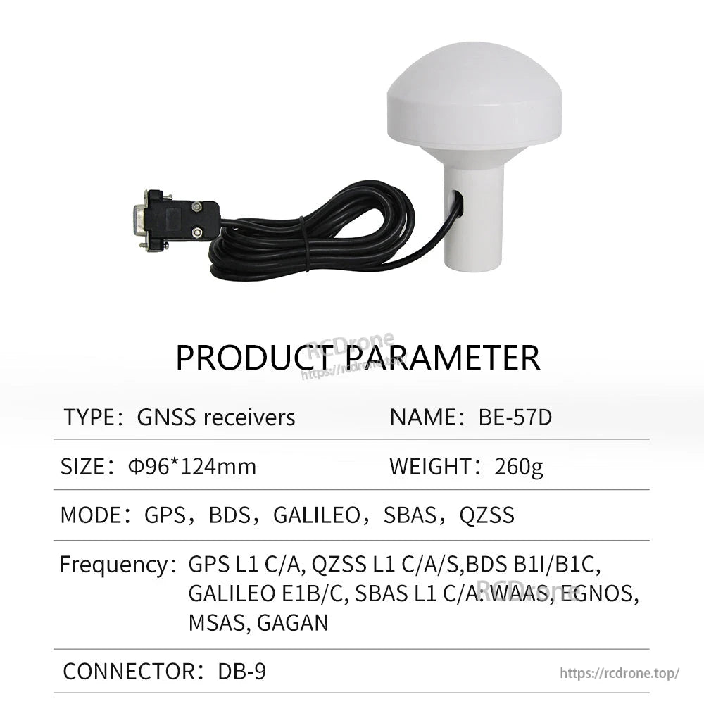 Product parameter table for BE-57D GNSS receiver with DB-9 connector and cable