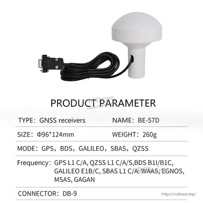 Product parameter table for BE-57D GNSS receiver with DB-9 connector and cable