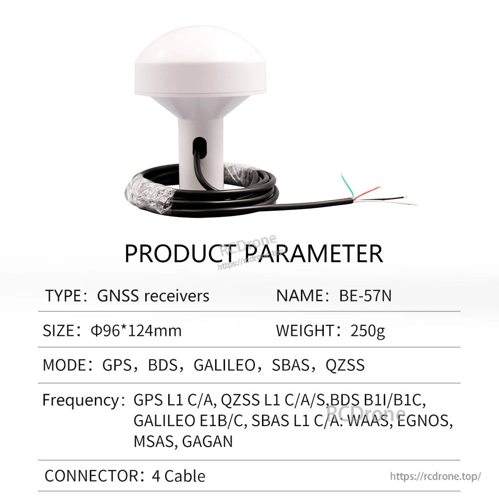 Product parameter sheet for BE-57N receiver showing 4-wire cable end