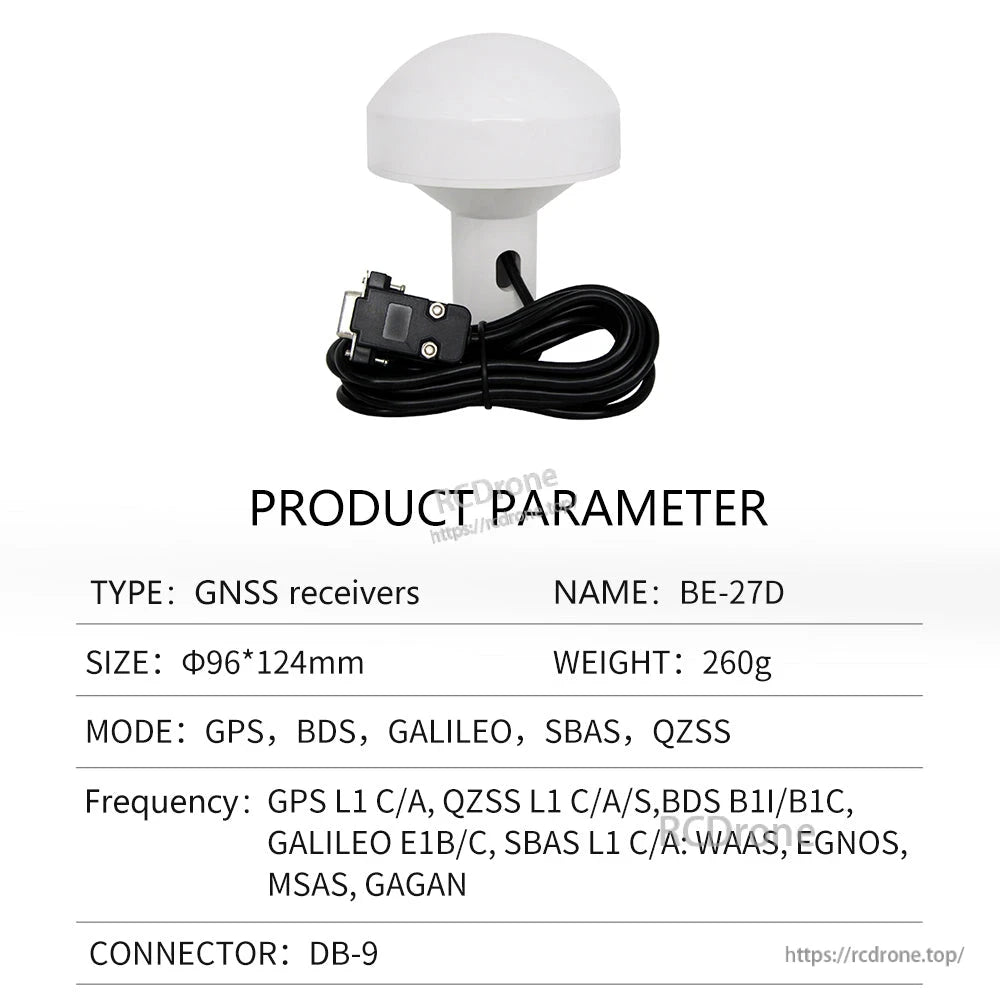 Product parameter table for BE-27D GNSS receiver, size Φ96×124mm, DB-9 connector