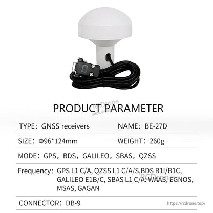 Product parameter table for BE-27D GNSS receiver, size Φ96×124mm, DB-9 connector