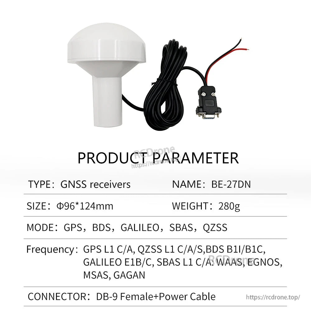 Product parameter sheet for BE-27DN receiver with DB-9 female and power cable leads
